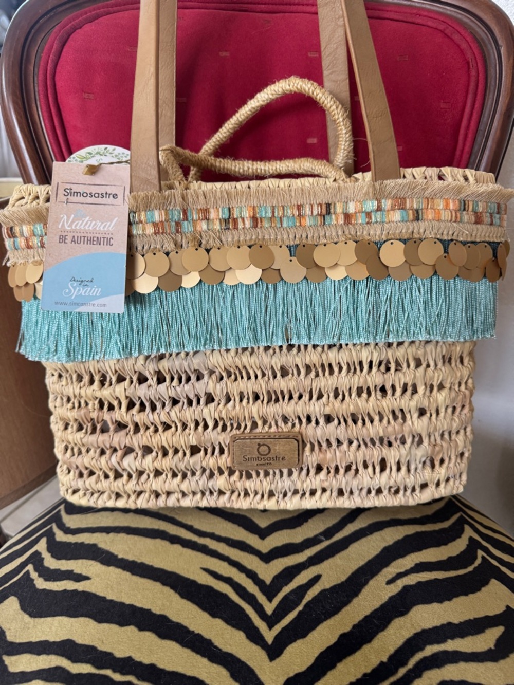 Natural Straw Tote with Aqua Fringe and Gold Sequins